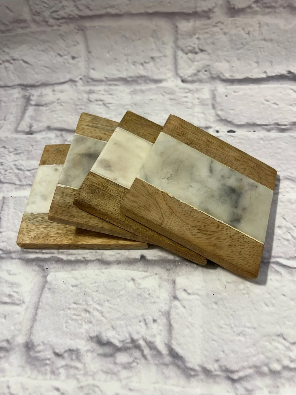 Wood and Marble Stripe Coaster Set - Natural & White